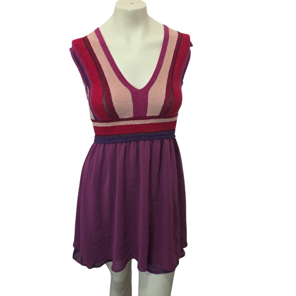 Petro Zillia Knit Chiffon Babydoll Dress Purple Stripe V Neck Women's XXI